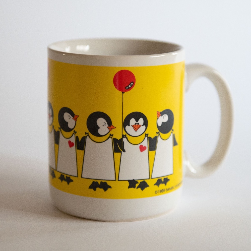 Vintage 1989 Get Well Soon Penguin Heart Balloon Mug | Betallic Inc